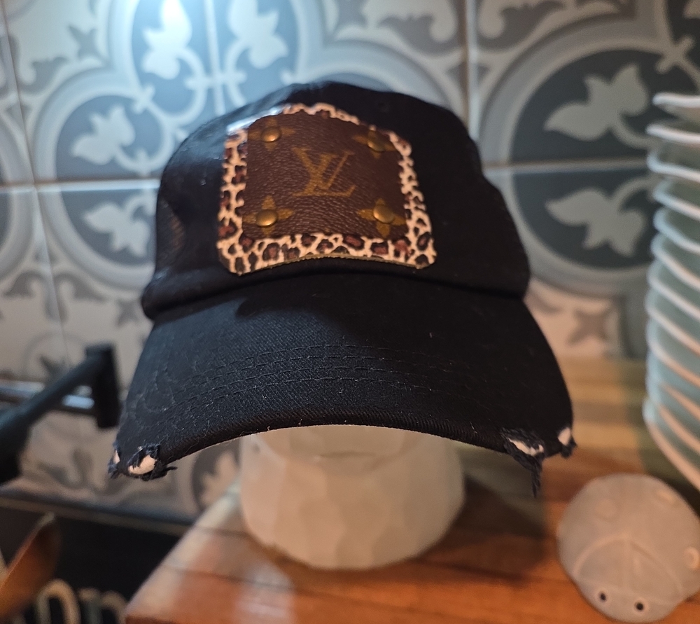 Louis Vuitton Black Distressed Baseball Cap with Leopard-Trim Monogram Patch